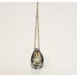 10k white gold and white stone pendant, set single stone in openwork tear-shaped surround, and