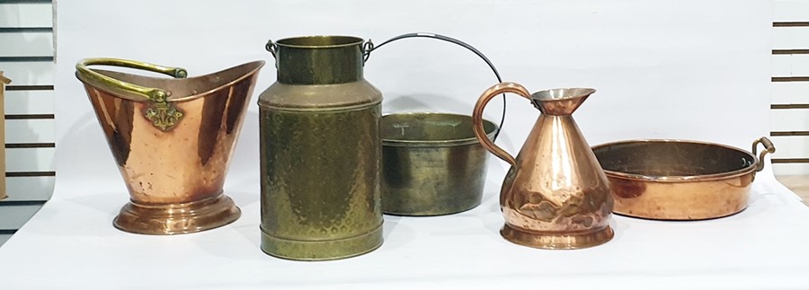 Assorted brass and copperware to include brass preserve pan, copper twin-handled pan, brass-