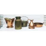 Assorted brass and copperware to include brass preserve pan, copper twin-handled pan, brass-