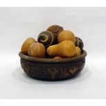 Carved wooden bowl and contents of treen carved fruit