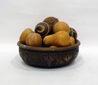 Carved wooden bowl and contents of treen carved fruit