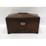 Regency rosewood sarcophagus shaped tea caddy, the interior containing two tea containers and a