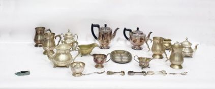 Quantity of silver plate including three-piece tea set, mugs, sugar nips, further teaware, sauce