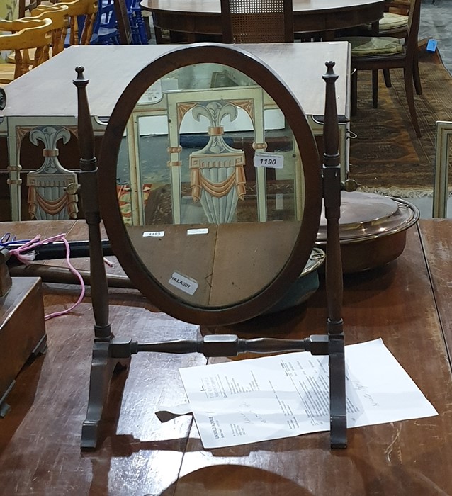 19th century mahogany oval toilet mirror on turned supports and stretcher