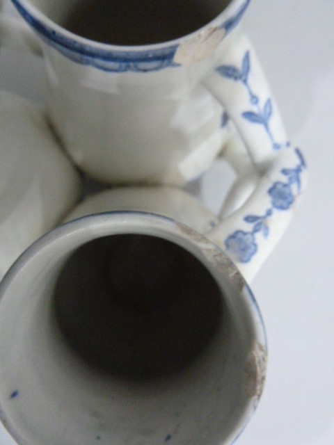 Delft fuddling cup with three beakers, of baluster form with interlocking handles, underglaze blue - Image 3 of 6