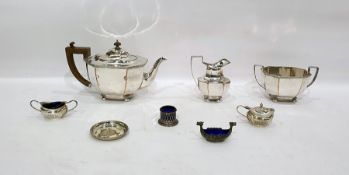 Silver plated three-piece tea set of octagonal form, a cruet set and further decorative items