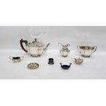 Silver plated three-piece tea set of octagonal form, a cruet set and further decorative items