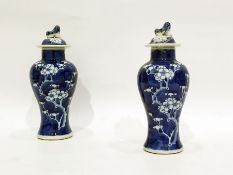 Pair of Chinese lidded baluster-shaped vases, Dog of Fo finials to the lids, the bodies decorated