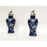 Pair of Chinese lidded baluster-shaped vases, Dog of Fo finials to the lids, the bodies decorated