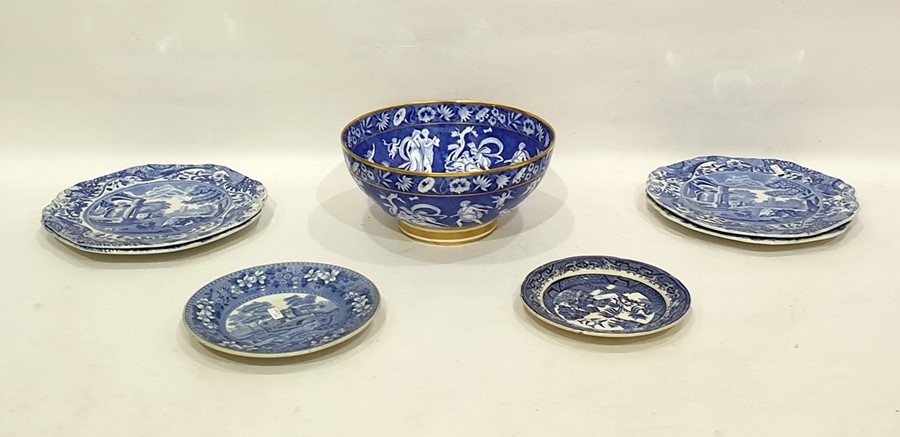 Set of four Copeland Spode 'Italian' pattern dinner plates, two smaller blue and white plates and