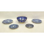 Set of four Copeland Spode 'Italian' pattern dinner plates, two smaller blue and white plates and