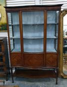 Edwardian mahogany satinwood inlaid serpentine-front glazed display cabinet with three shelves and