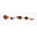 18ct gold signet ring, 9ct gold ring set two small red stones (possibly garnets), 18ct gold small