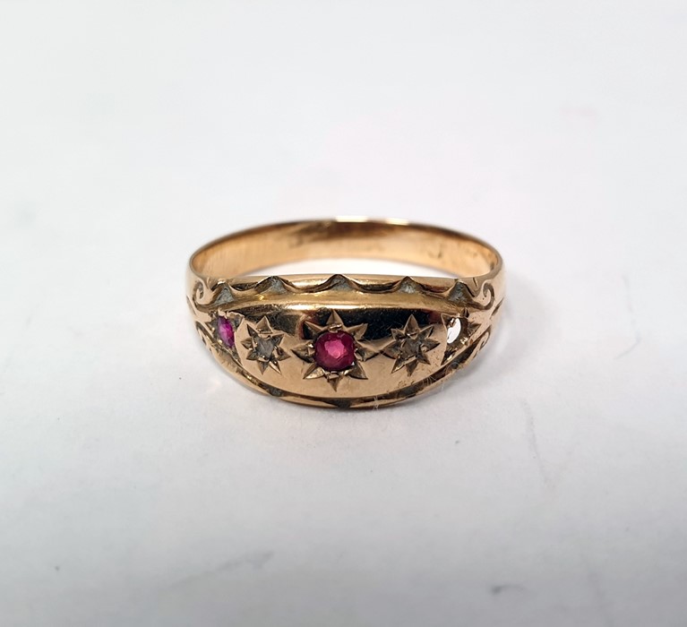 Gold, ruby and diamond ring, gypsy set, two tiny diamonds alternating two tiny rubies (one ruby