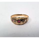 Gold, ruby and diamond ring, gypsy set, two tiny diamonds alternating two tiny rubies (one ruby