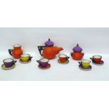 Spanish studio pottery tea set by Churriana, bearing monogram to base, gourd-shaped form to the