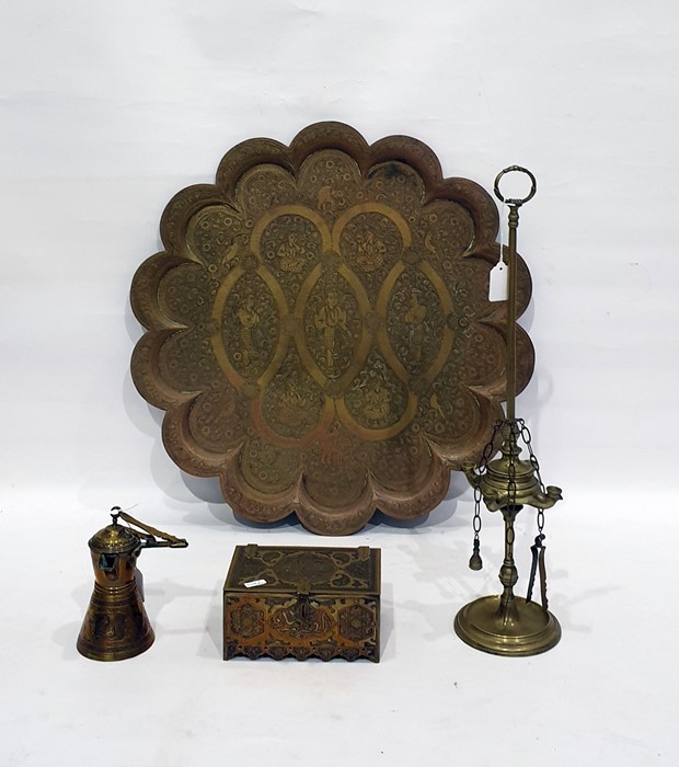 Eastern brassware to include Arabic brass box, coffee pot, Indian brass tray and a brass stand (4)