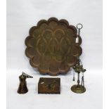 Eastern brassware to include Arabic brass box, coffee pot, Indian brass tray and a brass stand (4)