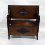 20th century oak monk's bench with diamond carved motif to the back and front, 91.5cm
