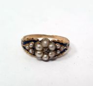 Victorian gold, seedpearl and enamel memorial ring, the central seedpearl flowerhead cluster