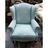 Modern duck-egg blue ground foliate patterned wingback armchair