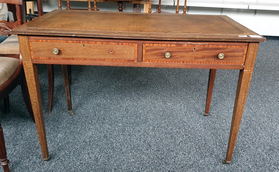 19th century mahogany and satinwood banded leather top desk of two drawers, square section
