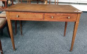 19th century mahogany and satinwood banded leather top desk of two drawers, square section