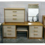 Stag suite of bedroom furniture comprising double bed headboard and side chests of drawers, two