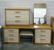 Stag suite of bedroom furniture comprising double bed headboard and side chests of drawers, two