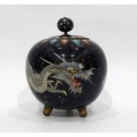 Japanese cloisonne pot and cover, globular and decorated with dragon, on a dark blue and