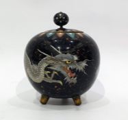 Japanese cloisonne pot and cover, globular and decorated with dragon, on a dark blue and