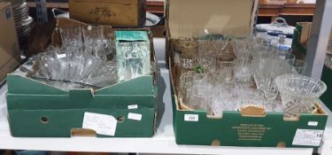 Two boxes of assorted glassware including bowls, a cake stand, wines, sherries with engraved
