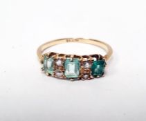 18ct gold, green and white stone ring set three rectangular pale green emerald-coloured stones and