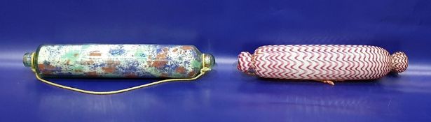 Nailsea cranberry and white glass rolling pin and another (2)
