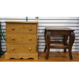 Small pine chest of three drawers raised on bracket feet, width 53cms together with a rectangular