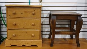 Small pine chest of three drawers raised on bracket feet, width 53cms together with a rectangular