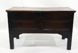 18th century oak chest with rectangular top above panelled front, raised upon rectangular