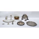Quantity of silver plated items to include oak tea caddy with silver plated mounts, ionic column