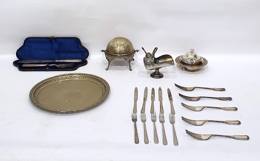 Quantity of silver plate including a silver-topped muffin dish, a helmet-shaped sugar hod,