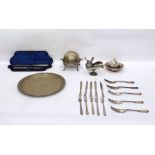 Quantity of silver plate including a silver-topped muffin dish, a helmet-shaped sugar hod,