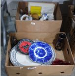 Assorted ceramics including souvenir mugs, meat plate, vase, EPNS eggcups, etc (2 boxes)