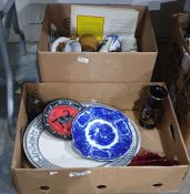 Assorted ceramics including souvenir mugs, meat plate, vase, EPNS eggcups, etc (2 boxes)