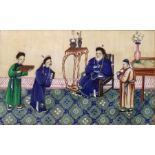 Chinese rice paper painting with seated elderly man in conversation with another, two attendants, in