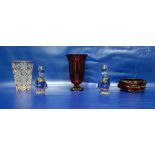 Collection of decorative glassware to include pair purple glass models of ducks, indistinctly signed