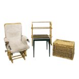 Woven wicker blanket box, a beech towel rail, a rectangular coffee table and a modern rocking