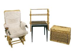 Woven wicker blanket box, a beech towel rail, a rectangular coffee table and a modern rocking