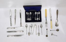 Cased set of six silver coffee spoons and matching sugar tongs by Henry Williamson Ltd, Sheffield