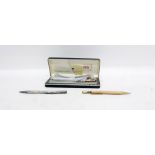 Silver propelling pencil, two cross mechanical pencil and ballpoint pen and a gold-coloured metal