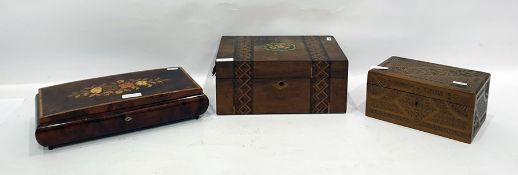 19th century parquetry inlaid walnut sewing box, a 20th century marquetry inlaid walnut musical