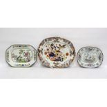 Large brown transfer-printed and hand-painted meat plate and two others (3)
